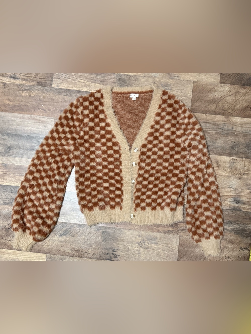 Hem & Thread - Soft Fuzzy Checkerboard Cardigan -Cropped- Size Medium